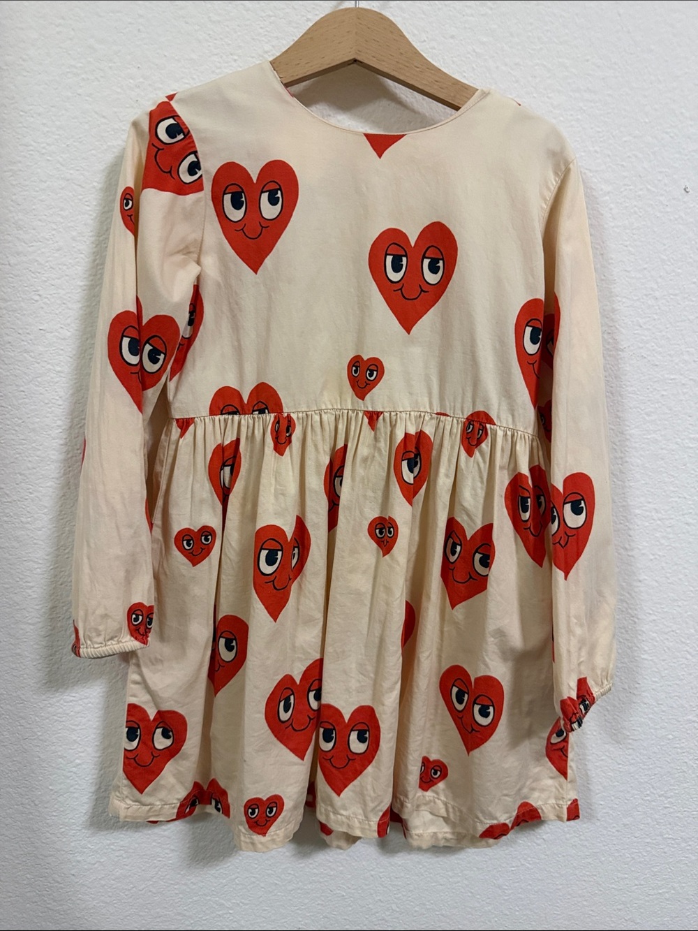 Mini Rodini Cream Long-Sleeve Dress with Red Heart Faces